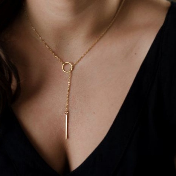 Goldtone Dainty Metal Bar & Circle Necklace - Picture 3 of 6